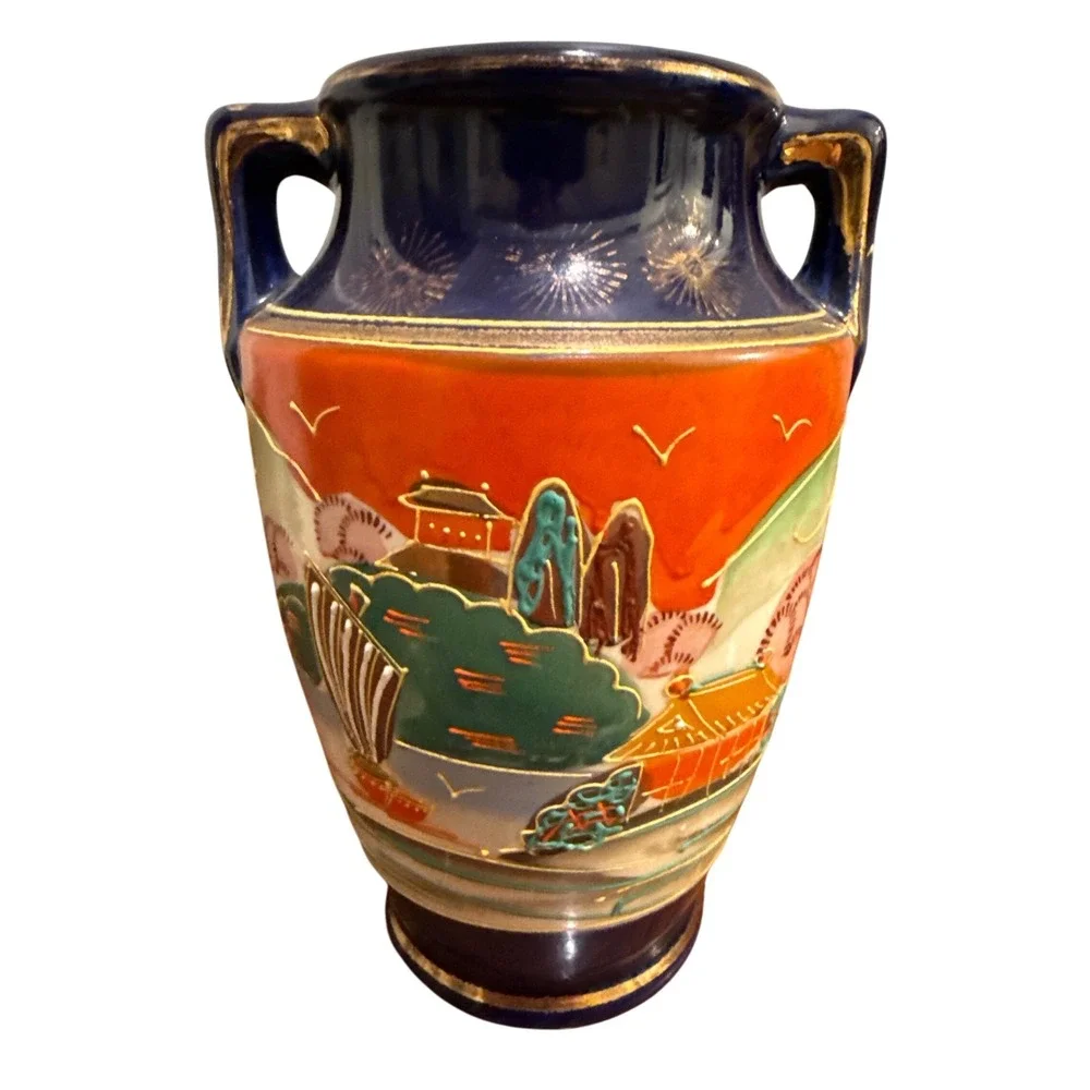 Vintage Japanese Vase Cobalt Blue Orange Landscape Scene Gold Trim Handles 6.75